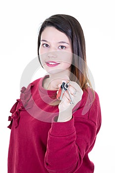 Businesswoman or real estate agent smiling woman showing keys