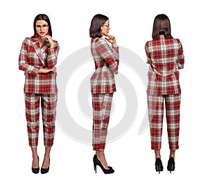 Businesswoman in red chequer suit front, side, back view, isolated on white