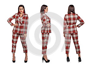 Businesswoman in red chequer suit posing front, side, back view, isolated on white