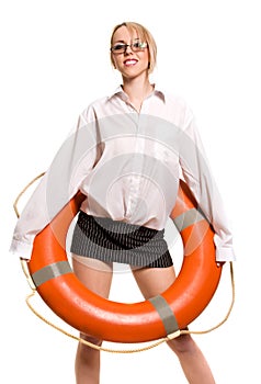 Businesswoman with red life buoy