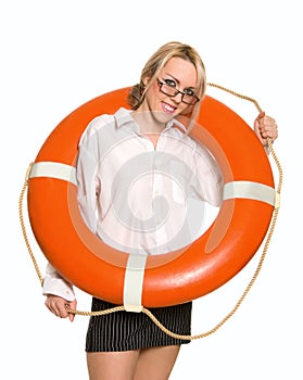 Businesswoman with red life buoy