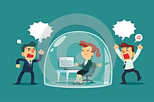 Businesswoman relaxing inside glass dome while others colleagues shouting
