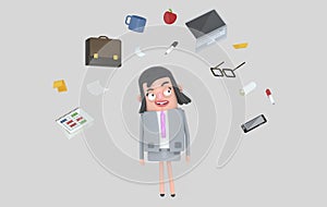 Businesswoman relaxing looking at office accesories. Isolated