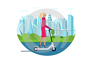 Businesswoman riding electric kick scooter. Activity lifestyle moving concept on big city street. Vector illustration