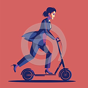 Businesswoman riding electric scooter. Modern female in business attire on e-scooter. Eco-friendly urban commute vector