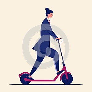 Businesswoman riding electric scooter, modern female executive in suit, smiling professional on e-scooter. Eco-friendly