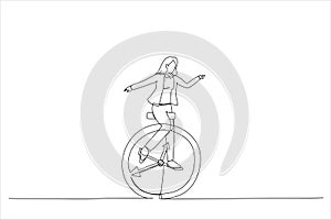 businesswoman riding vintage clock bicycle. Time management or work life balance concept. Single line art style