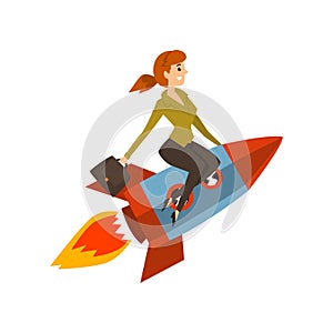 Businesswoman on a rocket, successful start up business project, development process vector Illustration on a white