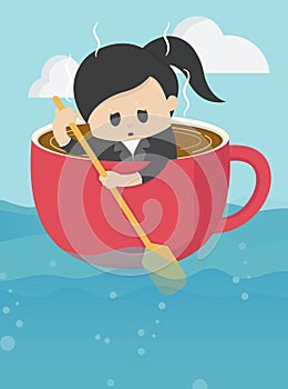 Businesswoman rowing coffee cup in sea vast