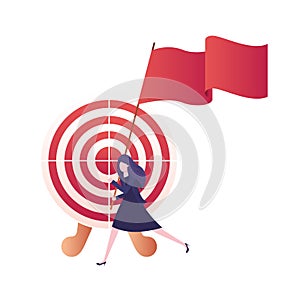 Businesswoman running with banner and target shooting