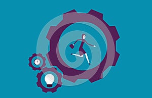 Businesswoman running in gear mechanism. Vector illustration working business concept.