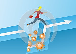 Businesswoman running, jumping over a gap with New Corona virus, Covid-19. Vector illustration.