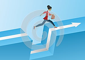 Businesswoman running, jumping over a gap. Vector illustration.