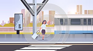 Businesswoman running to catch train business woman with luggage on railway station city public transport female cartoon