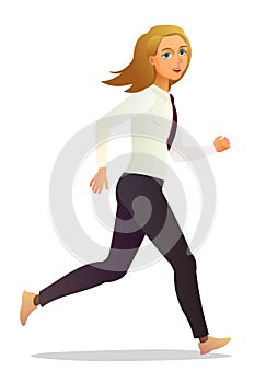 Businesswoman runs fast. Side view. Young woman. Pretty girl. Front and back view. Cartoon funny style illustration