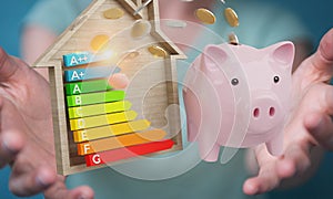 Businesswoman saving money with good energy chart rating 3D rend