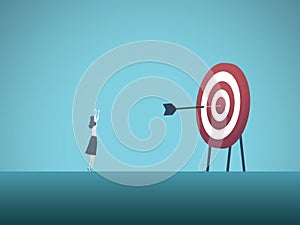 Businesswoman scoring bullseye with dart vector concept. Symbol of success, victory, achievement of goals and objectives