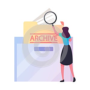 Businesswoman Search Documents in Archive Storage. Office Employee Character Searching File in Cabinet Drawer with Glass