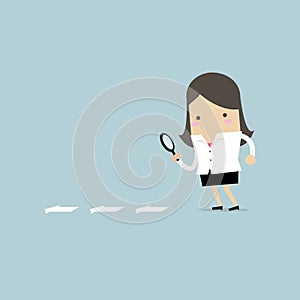 Businesswoman searching through a magnifying glass. Searching, details, clue concept. Flat cartoon style.