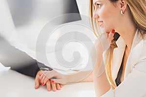 Businesswoman seductively holding colleague`s hand