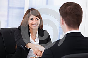 Businesswoman shaking hands with partner in office