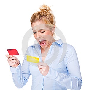 Businesswoman Shouting & Stressed at Credit Card