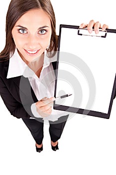 Businesswoman showing blank paper