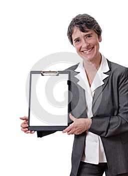 Businesswoman showing blank paper