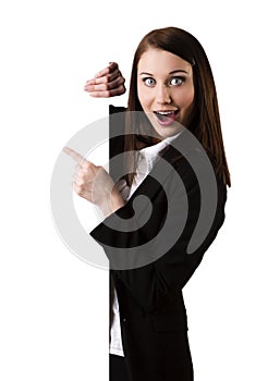 Businesswoman showing blank signboard