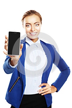 Businesswoman showing a blank smartphone screen