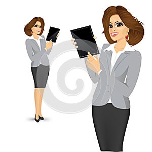 Businesswoman showing blank tablet