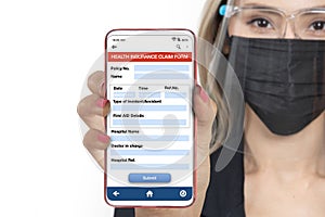 Businesswoman showing convenience of using smartphone application to claim health insurance