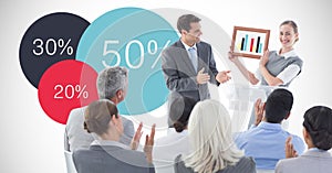 Businesswoman showing graph while colleagues applauding against graphics