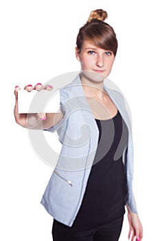 Businesswoman showing and handing a blank business card. Isolate