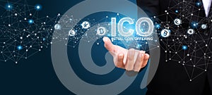 Businesswoman showing ICO, Initial Coin Offering. ICO Initial Co
