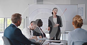 Businesswoman showing results to group of business people at meeting