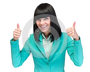 Businesswoman showing thumbs up hand sign. Successful and beautiful caucasian business woman isolated on white.