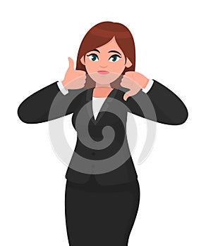 Businesswoman showing thumbs up and thumbs down gesture or sign with hands. Good and bad, like and dislike, agree and disagree.