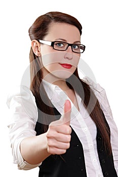 Businesswoman showing thumbs up on white backgroun