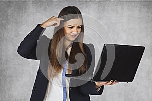 Businesswoman shows the information on the internet are stupid