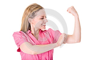 Businesswoman shows strength and power,isolated