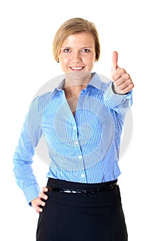 Businesswoman shows thumb up, isolated on white