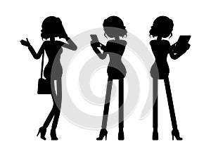 Businesswoman silhouette, office worker with phone, tablet