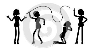 Businesswoman silhouette, office worker with whip, knelt, pointing