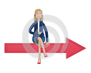 The businesswoman sits on the arrow and shows the right direction.