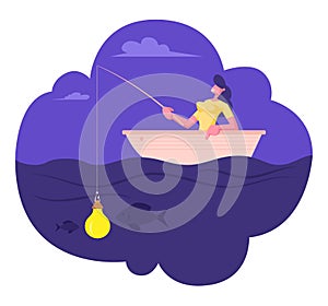 Businesswoman Sitting in Boat with Fishing Rod Catching Fish on Glowing Light Bulb Bait. Business Woman Having Lightbulb