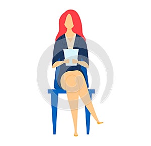 Businesswoman sitting on chair using digital tablet. Red-haired female professional working on tablet vector