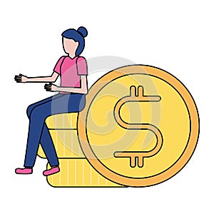 Businesswoman sitting on coins stack
