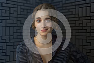 businesswoman sitting on dark background technology office corporate lifestyle