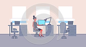 Businesswoman sitting desk workplace business woman working laptop female cartoon character modern office interior flat